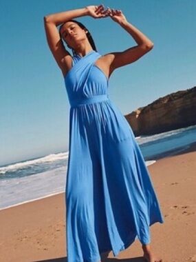 Free People Cornflower Blue Summer Beach Halter Wide-Leg Jumpsuit